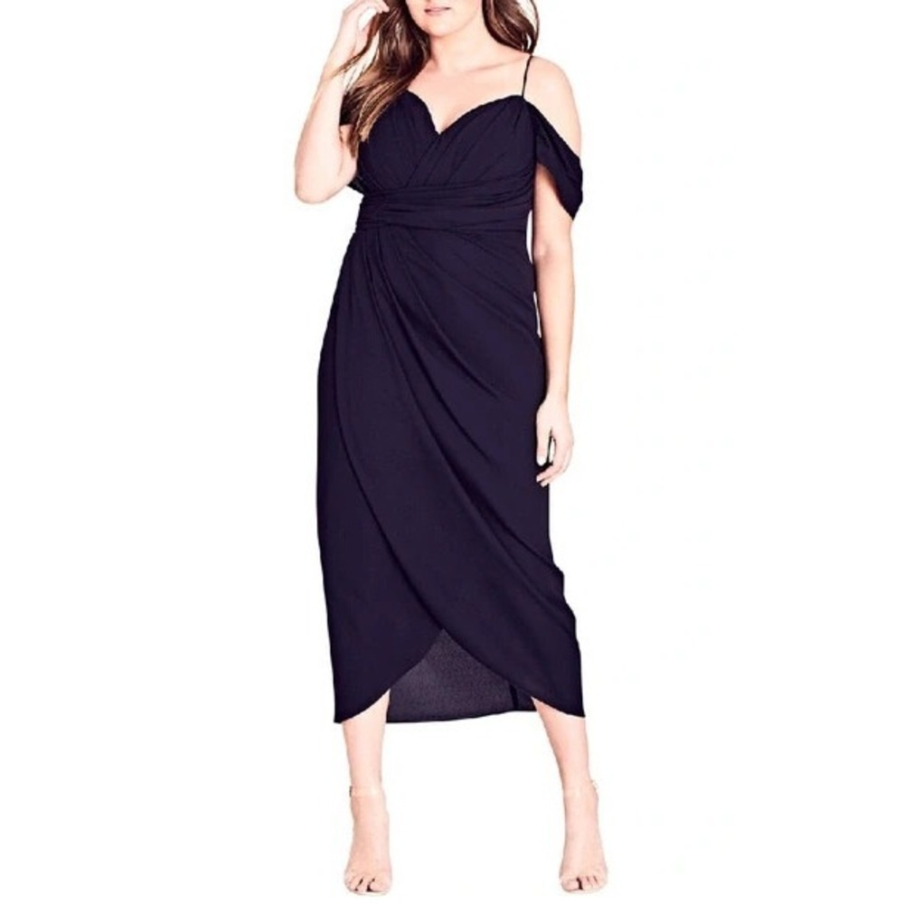 City Chic Entwine Ruched Cold Shoulder Tulip Midi Dress Black Plus Size L 20 - Picture 7 of 14
